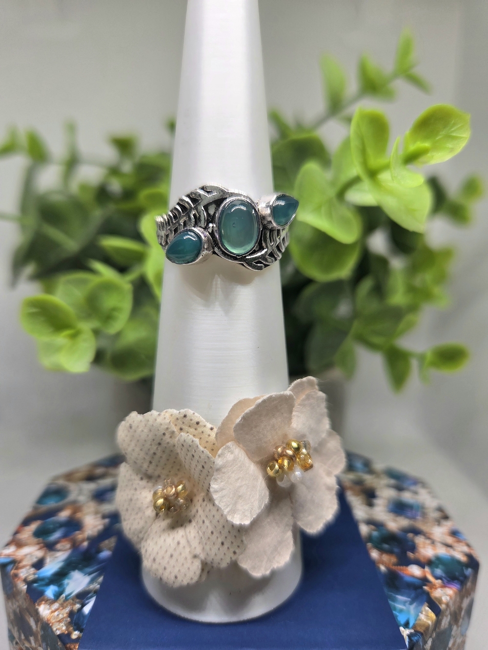 Silver-Tone Ring with Teal Cabochon Trio